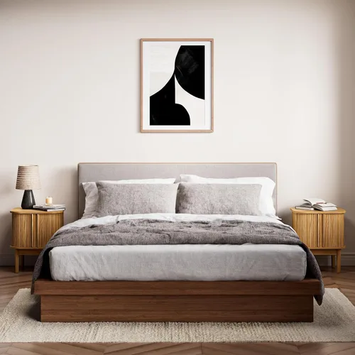 Miniatura 7 de Juego de 2 mesitas de noche estriadas con puertas correderas, moderna mesita de noche con patas de madera maciza, mesita de noche de madera