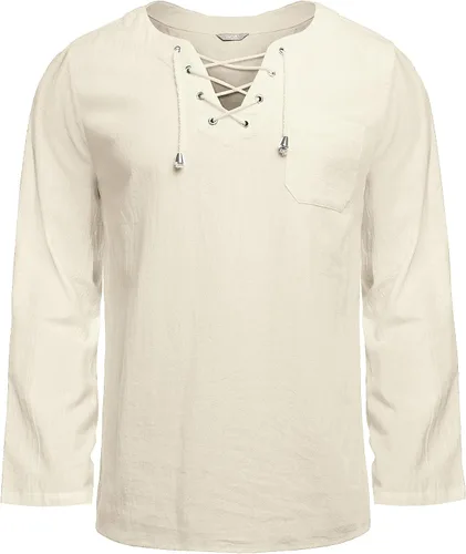 Miniatura 4 de COOFANDY Camisas de lino de algodón para hombre con cordones estilo casual playa hippie cuello en V
