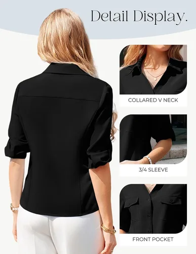 Miniatura 4 de GRACE KARIN Camisas con botones para mujer, cuello en V clásico, manga 3/4, blusas básicas elegantes sin arrugas