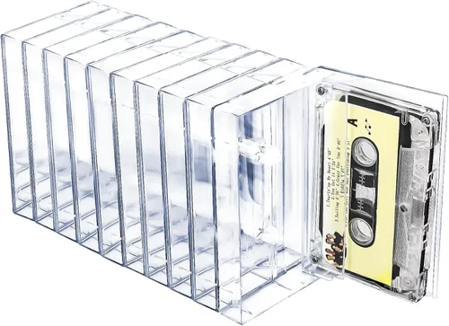 Snado Paquete de 10 cajas de almacenamiento y soporte de cinta de casete – Organizador de casetes de audio de plástico transparente con protección