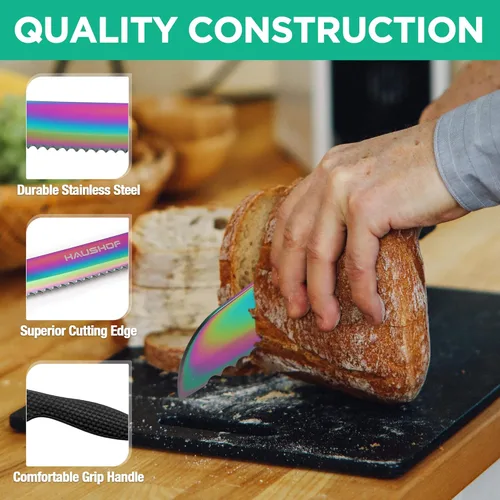 Miniatura 4 de HAUSHOF Juego de Cuchillos de Cocina, Juego de 5 Cuchillos Arcoíris con Bloque Acrílico, Juego de Cuchillos Negros con Revestimiento de Titanio