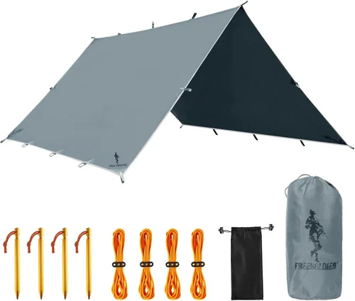 Miniatura 17 de FREE SOLDIER Lona impermeable portátil multifuncional para exteriores, camping, viajes; toldo de mochilero, refugio contra la lluvia Verde oscuro