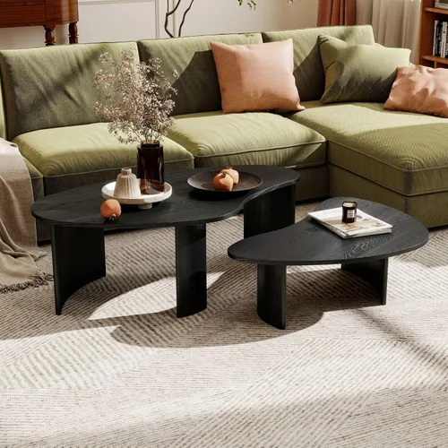 Miniatura 11 de Hyfirm - Mesa de café moderna de madera negra de 47.25 pulgadas para la sala de estar, mesa central resistente con tapa irregular de mango y patas