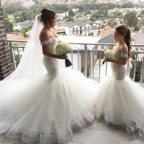 Miniatura 2 de GZCYL - Vestidos de sirena para niñas con encaje de tul para boda, vestido de dama de honor con cola