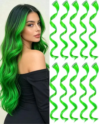 Miniatura 17 de 10 extensiones de cabello sintético rizado y ondulado negro con clip, reflejos de fiesta de neón arcoíris, accesorios de cabello coloridos