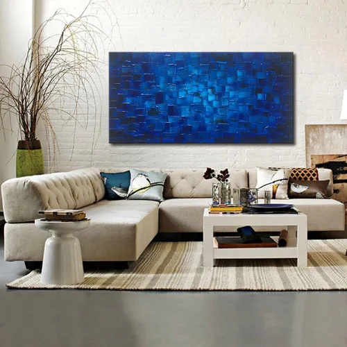Miniatura 7 de MyArton Arte de pared de lienzo texturizado, cuadrados abstractos, pintado a mano, pintura al óleo moderna de color azul oscuro, imagen
