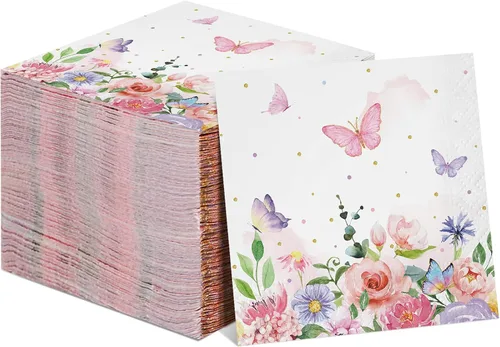 100 servilletas de mariposa rosa, toallas de papel desechables coloridas para jardín, primavera, verano, flores y mariposas, toallas de mano para