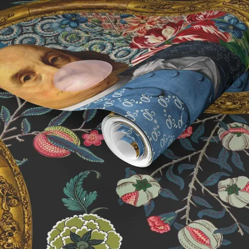 Miniatura 2 de Spoonflower Muestro de papel tapiz extraíble - Bubblegum Ben Franklin Presidente Floral Print Charcoal Novedad Papel pintado personalizado pre-pegado