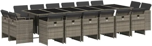 Miniatura 2 de 17-Piece Patio Dining Set Gray Poly Rattan with Cushions, Foldable Chairs, Tempered Glass Table, Space-Saving Outdoor Furniture Set for Garden Patio