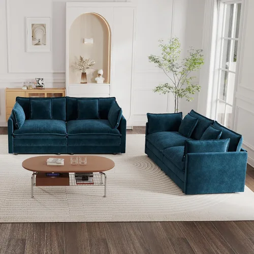 Miniatura 22 de mikibama Juego de sofá biplaza y sillón de lujo de 2 piezas, moderno juego de sofás nube tapizados de chenilla con 5 almohadas para sala de estar