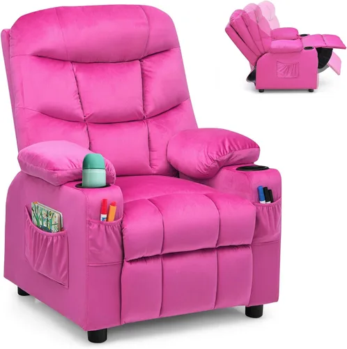 Miniatura 11 de Costzon Silla reclinable para niños con soporte para tazas, silla de salón de terciopelo ajustable con reposapiés y bolsillos laterales