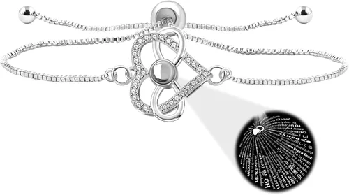 Miniatura 11 de Pulsera ajustable de cadena de plata/oro rosa, 4 dijes de corazón diferentes en 100 idiomas con texto en inglés "Say I Love You", pulsera