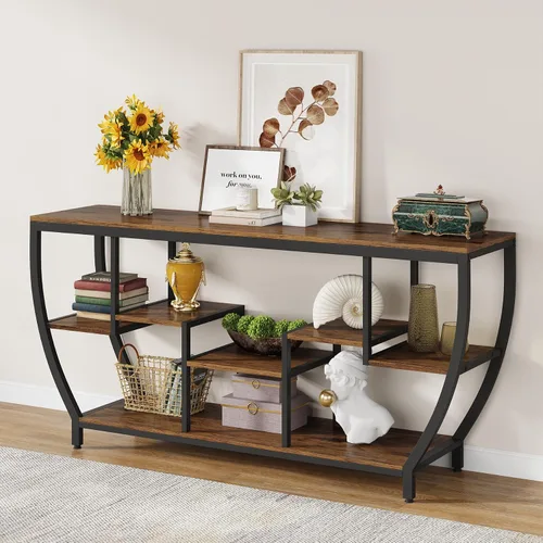 Miniatura 6 de LITTLE TREE Mesa consola de 70.9 pulgadas de largo, mesa de sofá con estantes de almacenamiento, mesa de entrada industrial, soporte de TV, mesa