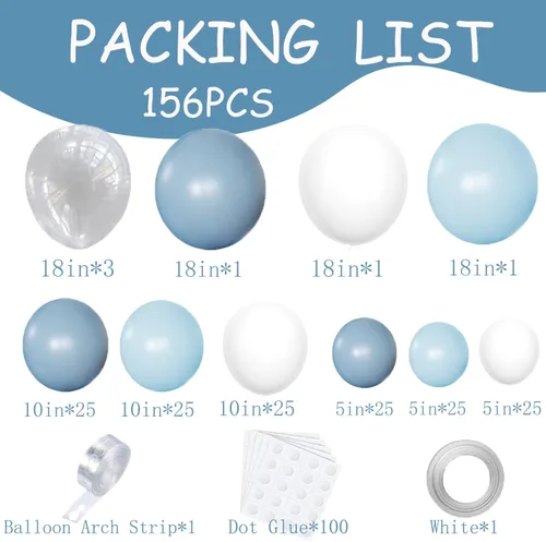 Miniatura 2 de Kit de arco de globos de color azul polvoriento de 156 piezas de diferentes tamaños azul claro azul bebé y blanco y globos de látex transparente