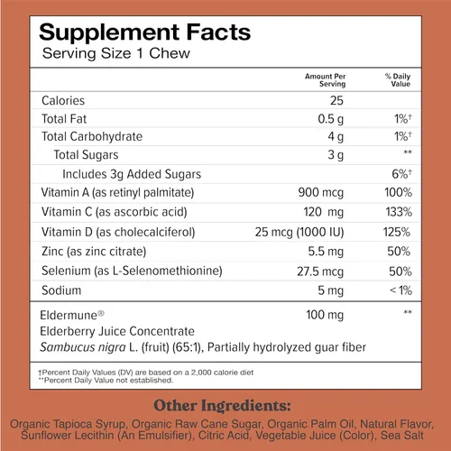 Miniatura 2 de Chewsy - Masticables afrutados de apoyo inmunológico 6 en 1 con saúco - Vitamina C, A y D, zinc y selenio - Envueltos individualmente - Suministro