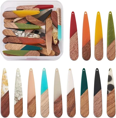 Miniatura 14 de Beadthoven 60 piezas Kit de Dijes de Madera de Resina Colgantes para Hacer Aretes Dijes Dorados para Aretes DIY Boho Piezas en Blanco de Madera
