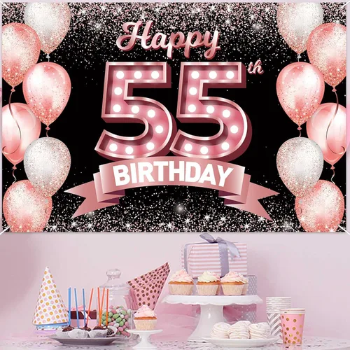 Miniatura 6 de Cartel de feliz cumpleaños 55 años en oro rosa, fondo de confeti, globos, tema de decoraciones para mujeres de 55 años, suministros de fiesta