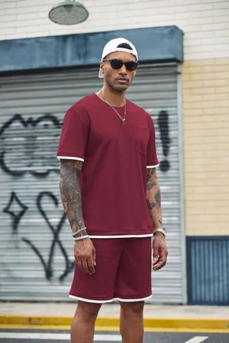 Miniatura 48 de COOFANDY Conjunto de camisa y pantalones cortos de gofre para hombre, conjunto de 2 piezas, conjunto casual de verano con bolsillos