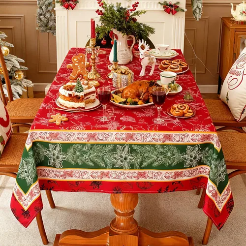 Miniatura 3 de SASTYBALE - Mantel navideño rectangular de 52x70 pulgadas, con diseño vintage de Flor de Pascua y acebo, resistente a las arrugas, para cenas