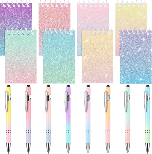 Sherr Juego de 16 bolígrafos y cuadernos con purpurina, mini bloc de notas en espiral, bolígrafos elegantes para niños y niñas, lentejuelas