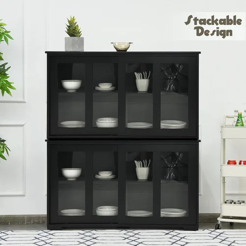 Miniatura 4 de LOKO Armario apilable para bufé, armario de almacenamiento de cocina con puertas corredizas de vidrio templado, pequeño aparador para cocina, Negro