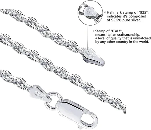 Miniatura 2 de Savlano Collar de cadena de eslabones giratorios de plata de ley 925 de 0236in con cuerda italiana maciza con caja de regalo para hombres y mujeres