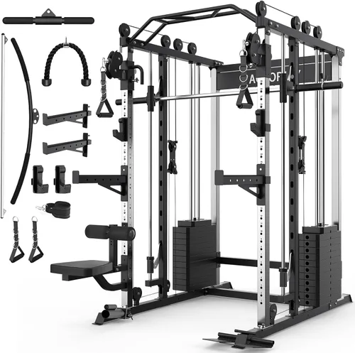 Miniatura 9 de Smith - Estante para sentadillas de entrenamiento de fuerza con barra Smith, jaula de potencia con sistemas de extracción LAT, máquina cruzada