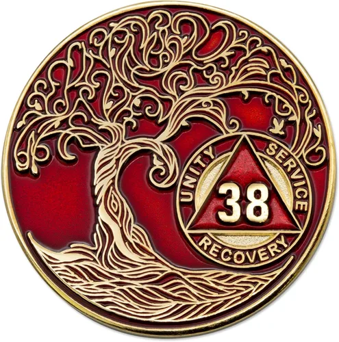 Miniatura 117 de 20 Year Sobriety Mint Twisted Tree of Life - Medallón de recuperación AA chapado en oro, fichas y fichas, color negro