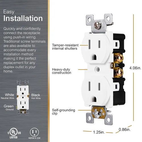 Miniatura 2 de GE Enchufe dúplex a tierra, receptáculo de pared, tomas resistentes a manipulaciones, toma eléctrica de 3 puntas, fácil de instalar, 15 amperios