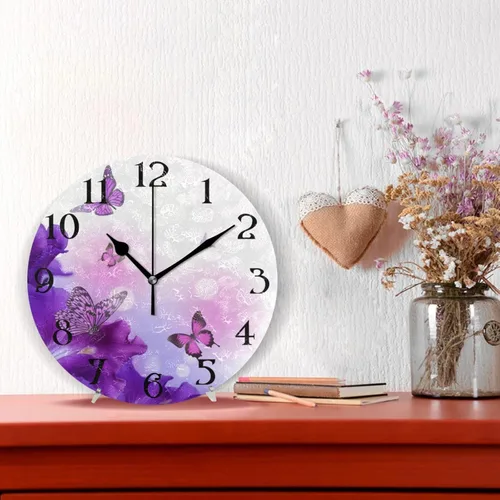 Miniatura 2 de Reloj de pared con mariposas moradas, silencioso, funciona con pilas, floral, sin tictac, decorativo, reloj analógico de cuarzo redondo de 9.5 A01