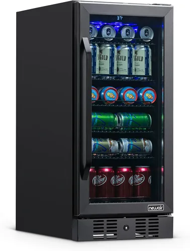 NewAir Refrigerador de bebidas integrado para 96 latas, mini refrigerador pequeño de 15 pulgadas para dormitorio, bar en casa u oficina, Acero