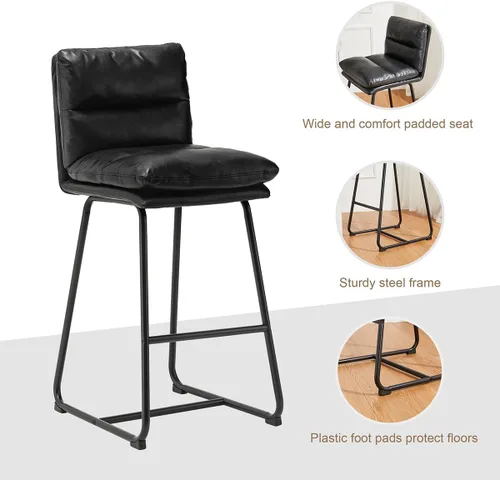 Miniatura 6 de Glitzhome Juego de mesa y sillas de comedor, mesa redonda de acero negro con parte superior de madera de olmo sólido y taburetes de bar de cuero