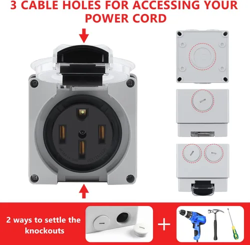 Miniatura 4 de Newdeli Caja de toma de corriente de 50 amperios NEMA 14-50R Rv Panel de toma de corriente eléctrica de 125/250 voltios, caja de salida impermeable
