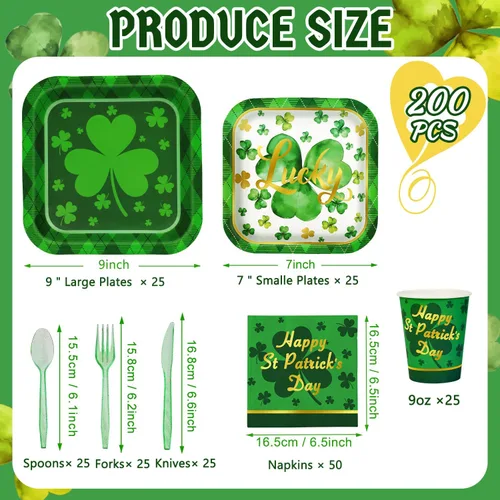 Miniatura 2 de Juego de vajilla de 200 piezas para fiesta del Día de San Patricio, juego de vajilla de trébol verde para 25 invitados, a cuadros, trébol