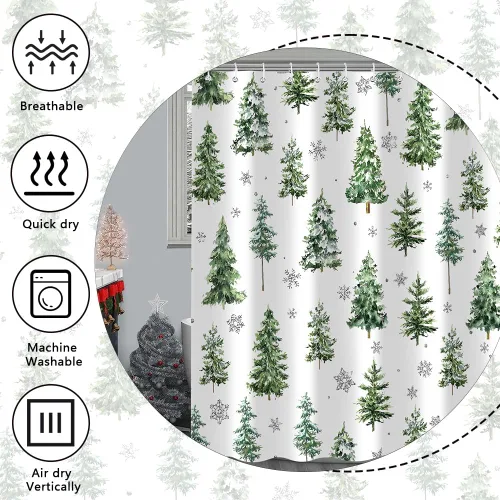 Miniatura 6 de Cortina de ducha de Navidad con diseño de pino, cortinas de baño decorativas estilo granja retro de acuarela, invierno, copos de nieve, verde, tela