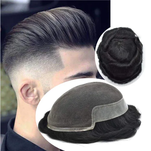 Miniatura 20 de Tupé de encaje suizo para hombres, piezas de cabello humano real, encaje frontal, sistema de reemplazo de cabello tipo tupé, nudo blanqueado, línea