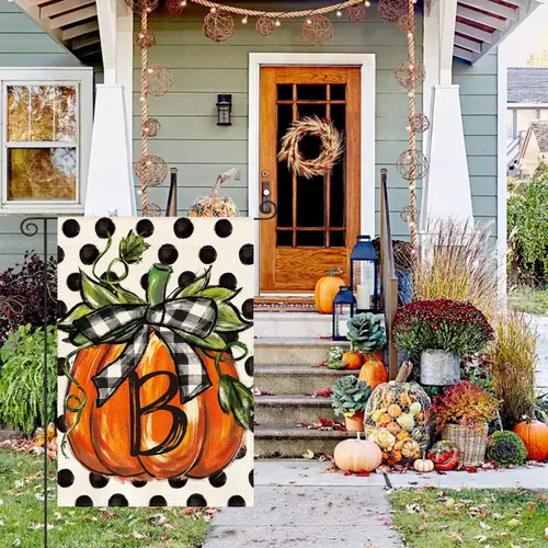 Miniatura 7 de AVOIN colorlife Bandera de jardín con monograma de otoño con letra B, diseño de calabaza, con diseño de lunares, 12 x 18 pulgadas, doble cara