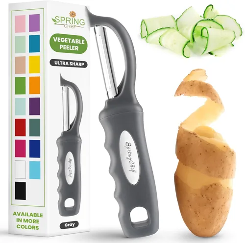 Miniatura 17 de Spring Chef Pelador de verduras giratorio profesional rojo para cocina, peladores de papas de acero inoxidable con mango de agarre suave, perfecto