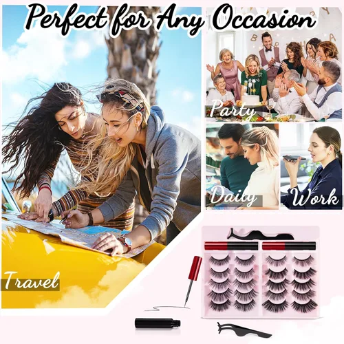 Miniatura 7 de [10 pares] Kit de pestañas magnéticas y delineador de ojos, pestañas magnéticas reutilizables con delineador de ojos y pinzas, pestañas postizas