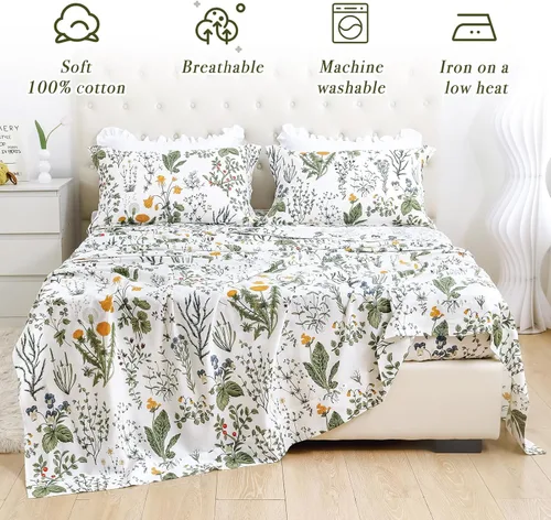 Miniatura 2 de Lady Ann Sábanas florales tamaño King 100% algodón, diseño de flores amarillas y hojas con estampado botánico de plantas, bolsillos profundos, ropa