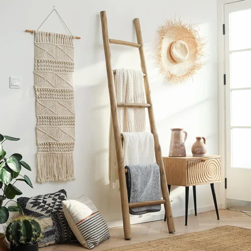 Miniatura 2 de FUIN Escalera de madera de 6 pies totalmente montada, para sala de estar, decorativa, para pared, inclinada, granja, soporte para colcha, toallero