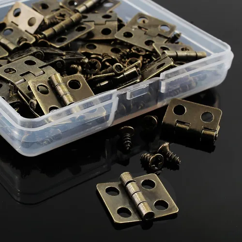 Miniatura 4 de 50 bisagras mini, bronce antiguo de 0.512 x 0.472 in, chapado en cobre, miniatura, retro, hierro, bisagras de montaje en superficie con tornillos