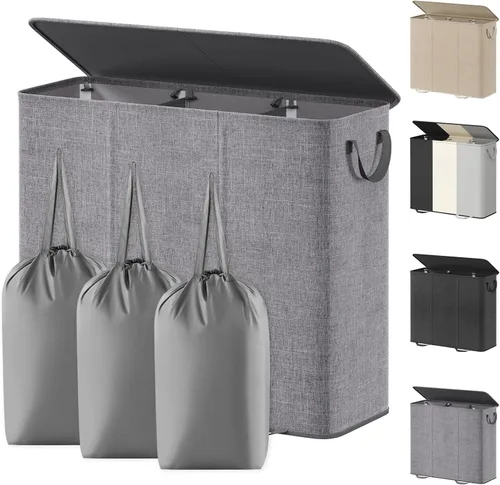Miniatura 31 de Lifewit Cesta de lavandería doble con tapa y bolsas de lavandería extraíbles, gran plegable, 2 divisores, cesta de ropa sucia con asas para Negro