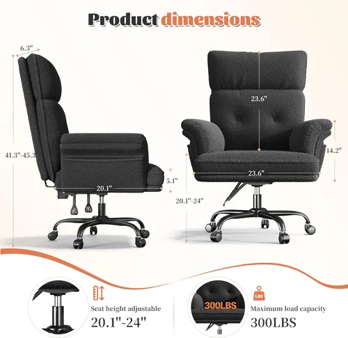 Miniatura 3 de DurayLoly Silla cruzada con ruedas y brazos, silla de tocador de felpa con bolsillos laterales, sillas de escritorio ajustables para oficina en Negro