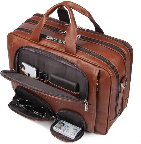 Miniatura 9 de Augus Maletín de viaje de negocios de cuero genuino bolsas de lona para hombres bolsa de portátil se adapta a 15.6 pulgadas portátil