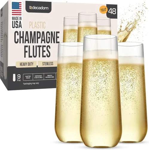 DECADORN Copas de champán tipo flauta transparentes sin tallo de plástico, paquete de 48 - Copas de champán de plástico de 9 oz - Vasos de mimosa