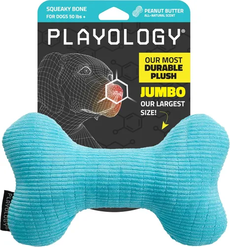 Playology Juguetes para perros | Juguete de hueso chirriante de felpa para masticar para perros | Juguete gigante con aroma a mantequilla de maní -