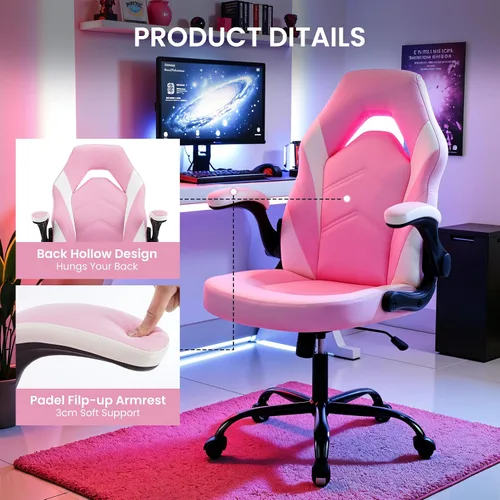 Miniatura 4 de Silla ergonómica de escritorio para juegos, silla giratoria ajustable de piel sintética con reposabrazos abatibles para oficina en casa