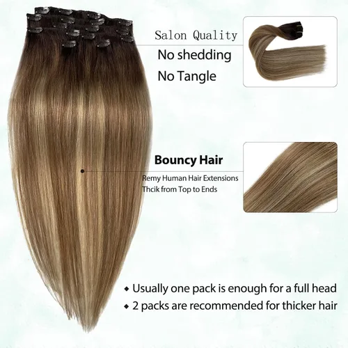 Miniatura 5 de Extensiones de cabello con pinza Valiilo, cabello humano, 70 g, 7 unidades, estilo balayage, color nogal marrón a marrón ceniza y rubio medio