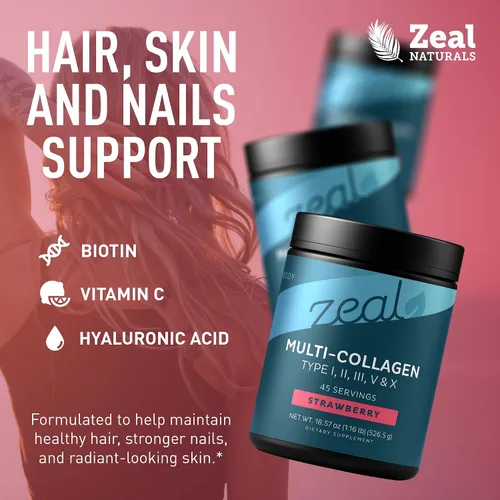 Miniatura 3 de Zeal Naturals Péptidos de proteína de colágeno múltiple en polvo tipo I II III V X - Vitamina C, biotina y ácido hialurónico - cabello, piel y uñas